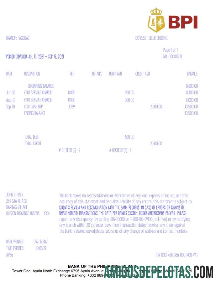 Modelo de extrato bancário do Banco das Filipinas (BPI) para download em formato Excel e PDF, versão 2